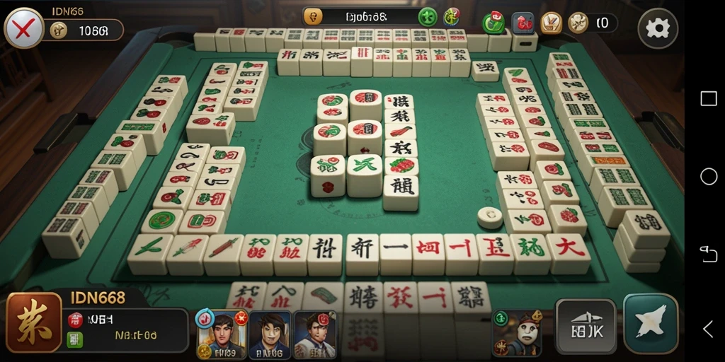 Tampilan gameplay menawan IDN668 dengan ubin Mahjong berwarna-warni.