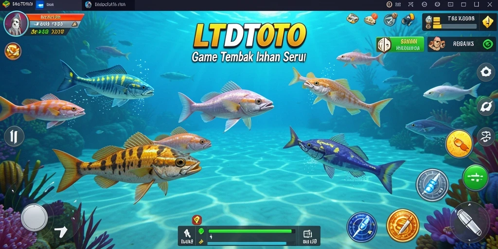 Tampilan gameplay LTDTOTO dengan berbagai ikan dan senjata menembak.