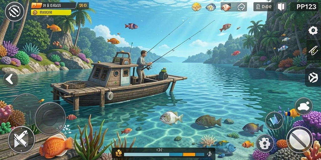 Gameplay PP123 yang menarik saat menangkap ikan di lokasi eksotis.